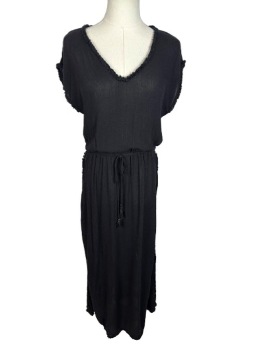 l*space Black V-Neck Drawstring Waist Maxi Coverup Size S